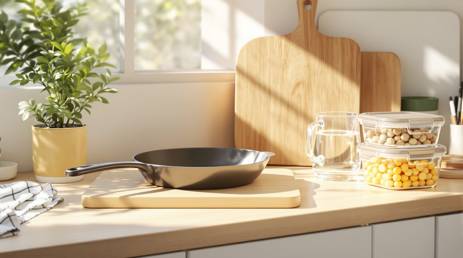 A cast iron skillet on a wooden cutting board beside a glass water pitcher and glass food storage containers on a sunlit kitchen counter
