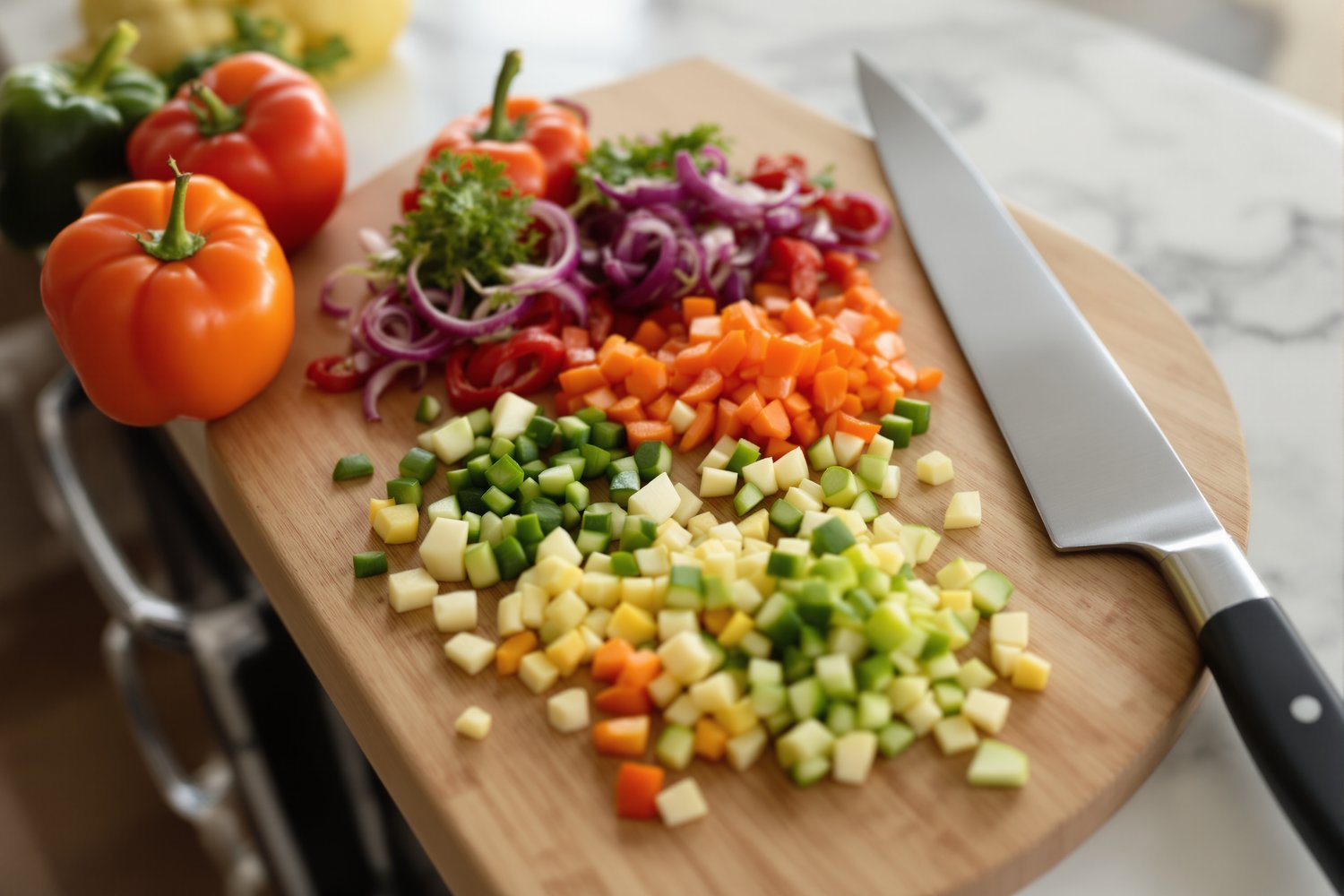 Freshly chopped colorful vegetables on a wooden cutting board beside a stainless steel chef knife on a marble kitchen counter