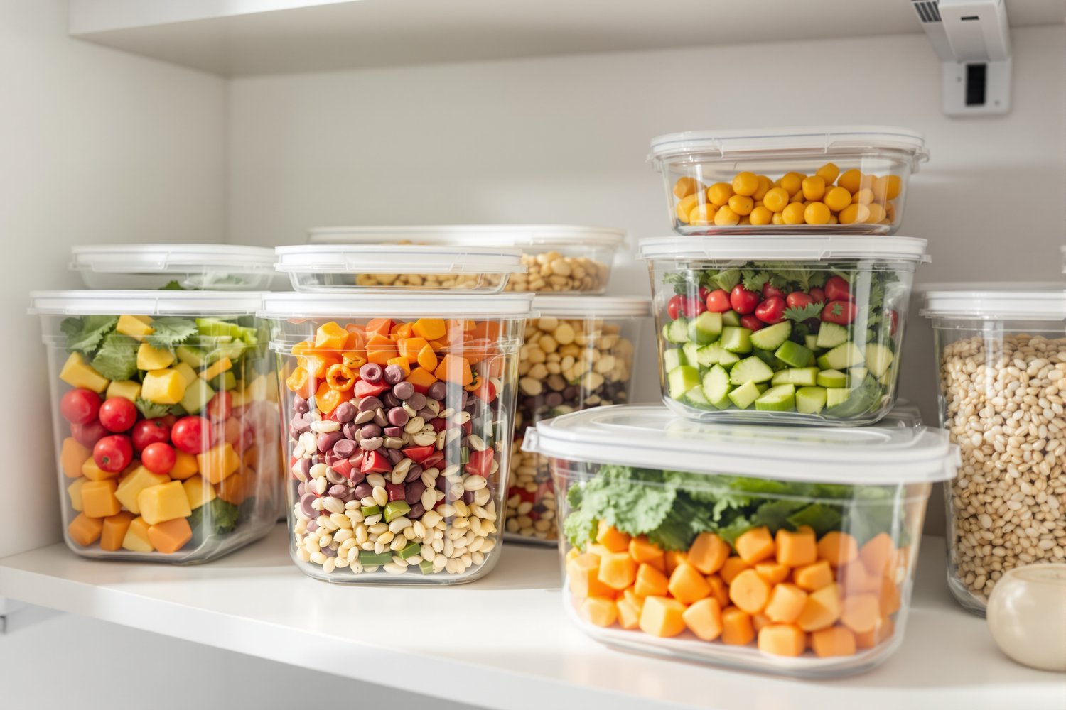 Clear glass food storage containers filled with colorful meal-prep vegetables, grains and fruit on a clean white kitchen shelf