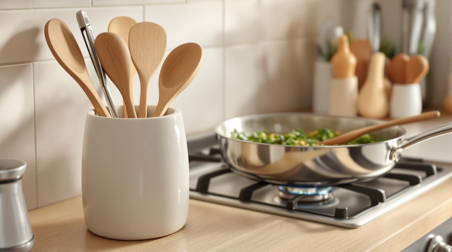 Wooden spoons and stainless steel tongs standing in a white ceramic crock beside a stainless steel skillet of sauteed greens on a gas stove