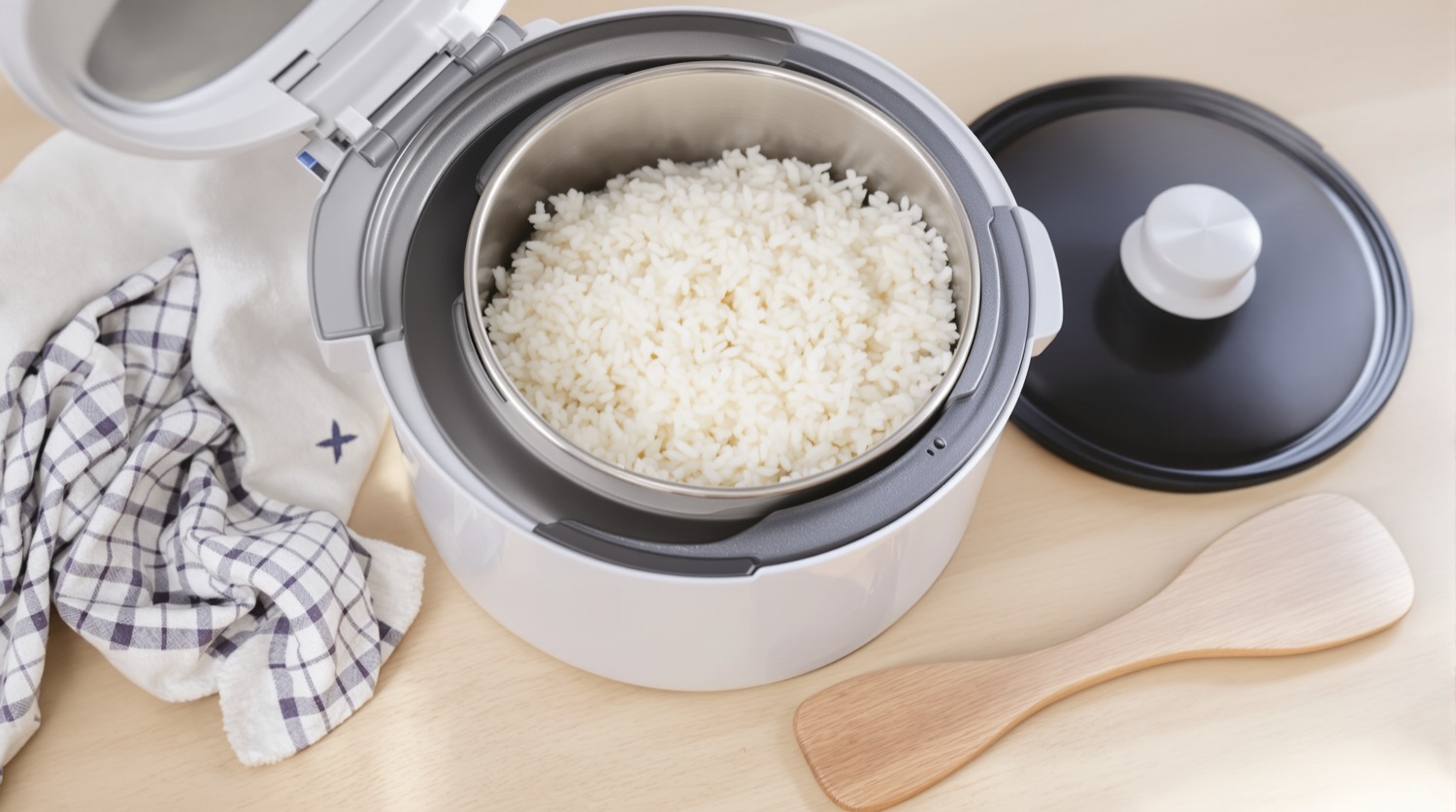 An open white rice cooker on a wood counter showing a bare stainless steel inner pot full of freshly steamed white rice, with a wooden rice paddle beside it