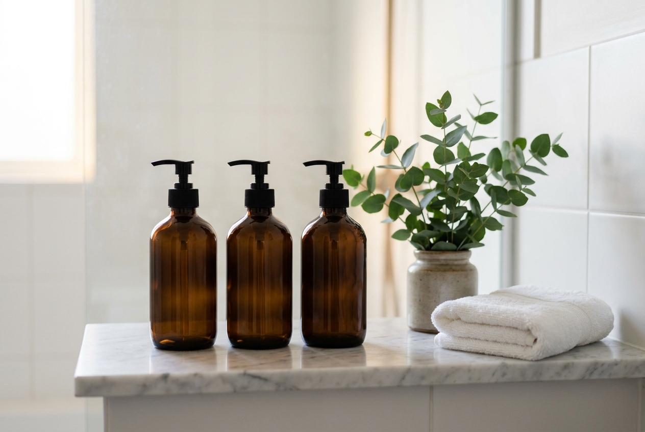 Non-toxic organic cotton and linen shower curtains in a clean, bright bathroom