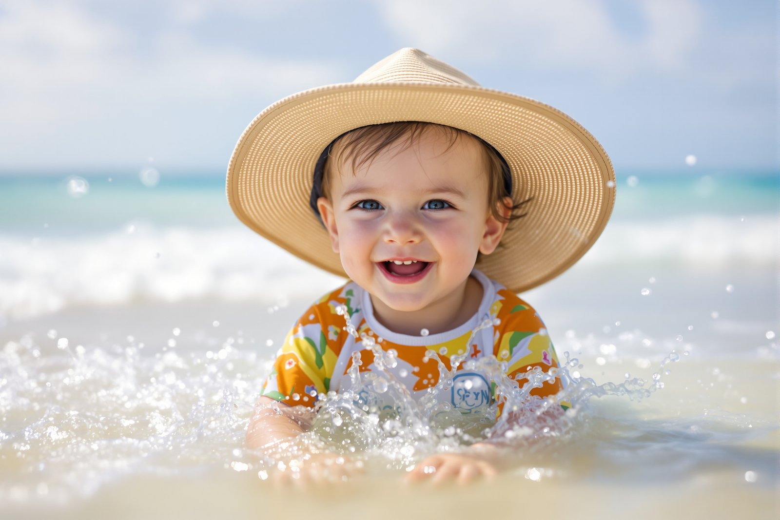 A happy toddler in a straw sun hat and swim shirt splashing in shallow ocean water on a sunny day