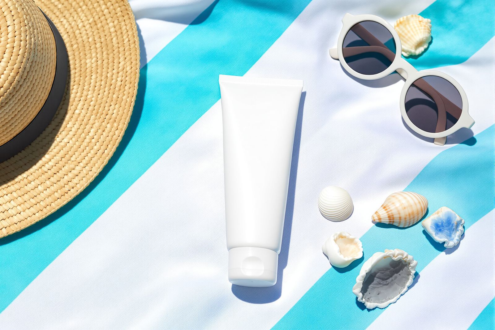 Overhead flat lay of a plain white sunscreen tube, a child's straw sun hat, round sunglasses and seashells on a striped beach towel