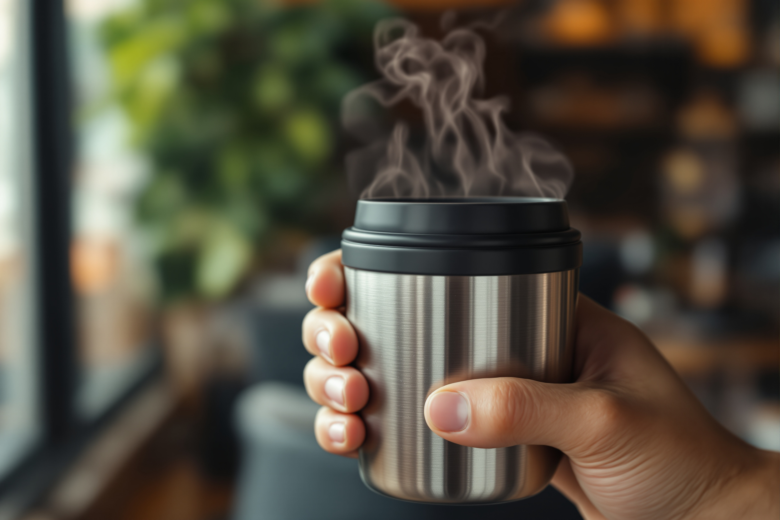 A hand holding a steaming insulated stainless steel travel coffee mug in a sunlit cafe
