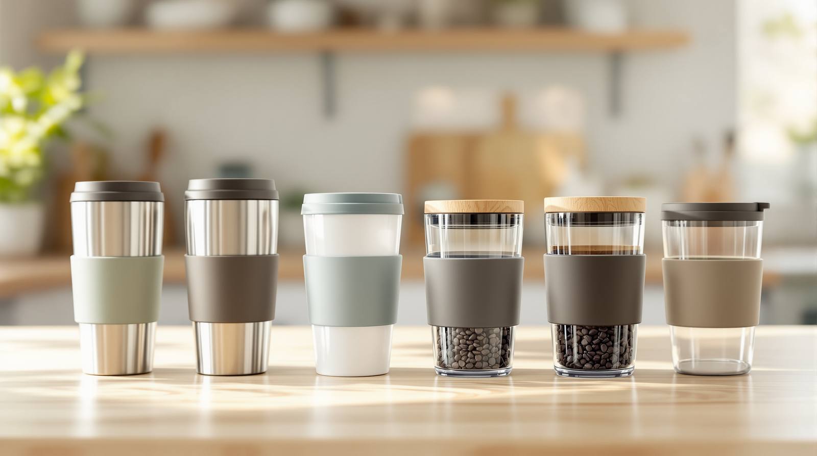 A lineup of reusable travel coffee mugs in stainless steel and borosilicate glass with silicone sleeves and wooden lids on a sunlit kitchen counter