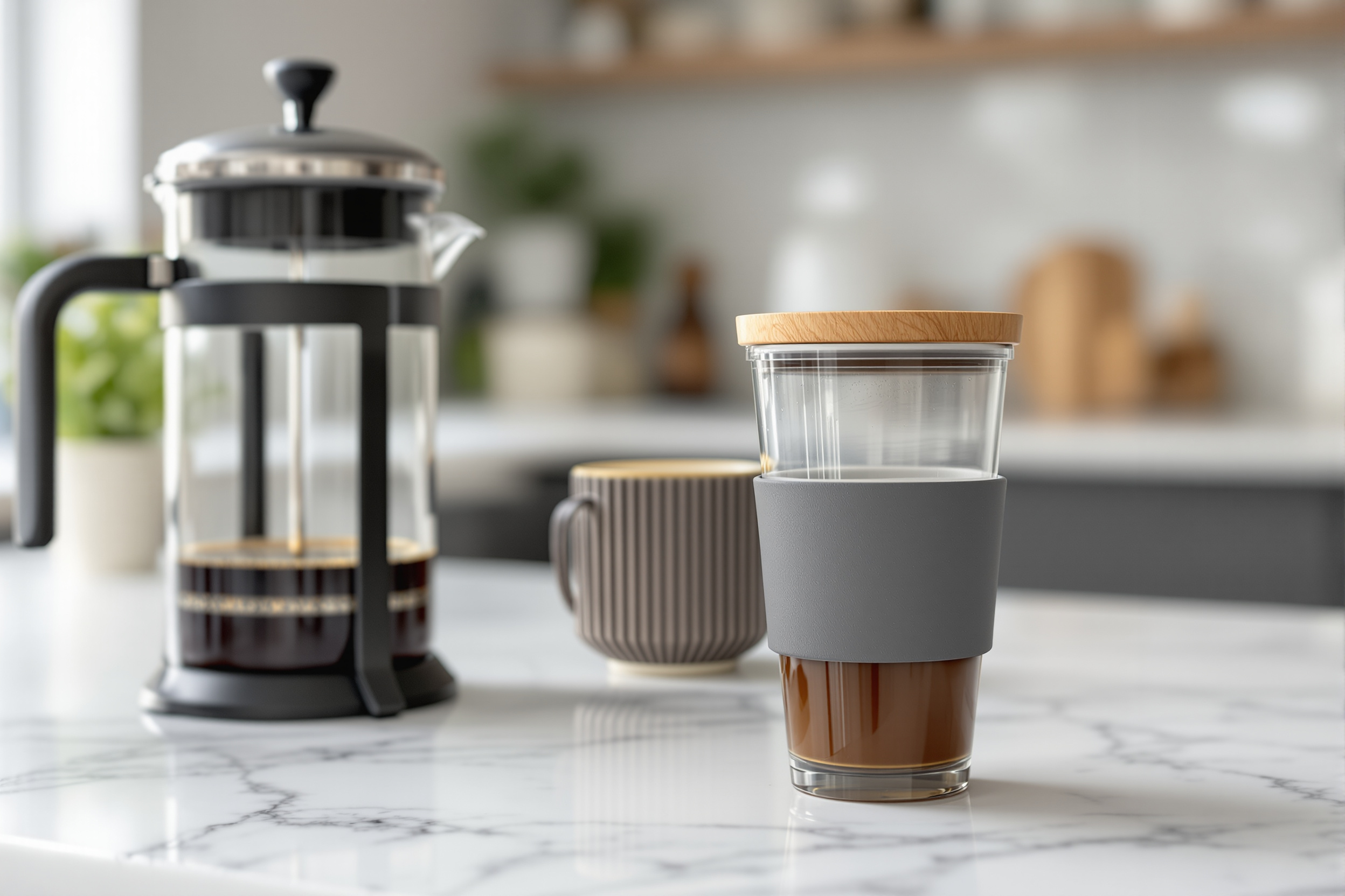 A borosilicate glass travel coffee cup with a wooden lid and silicone sleeve on a marble counter next to a glass French press of coffee