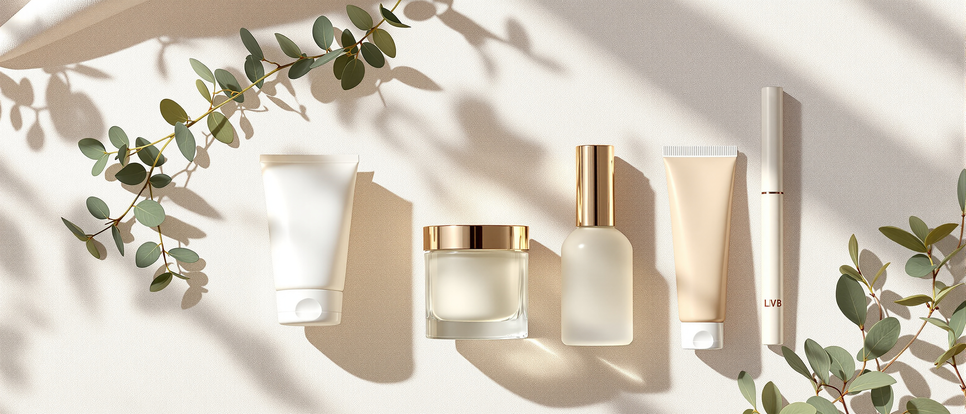 Flat-lay of PFAS-free, plastic-free clean beauty products on linen — mineral sunscreen tin, glass perfume bottle, frosted-glass jar, clean mascara, and paper-tube skincare