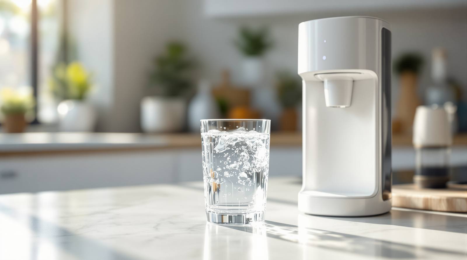 Best PFAS water filter 2026 — a glass of filtered water beside a countertop reverse-osmosis purifier on a sunlit kitchen counter