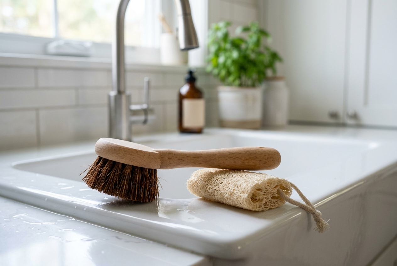Non-toxic organic cotton and linen shower curtains in a clean, bright bathroom