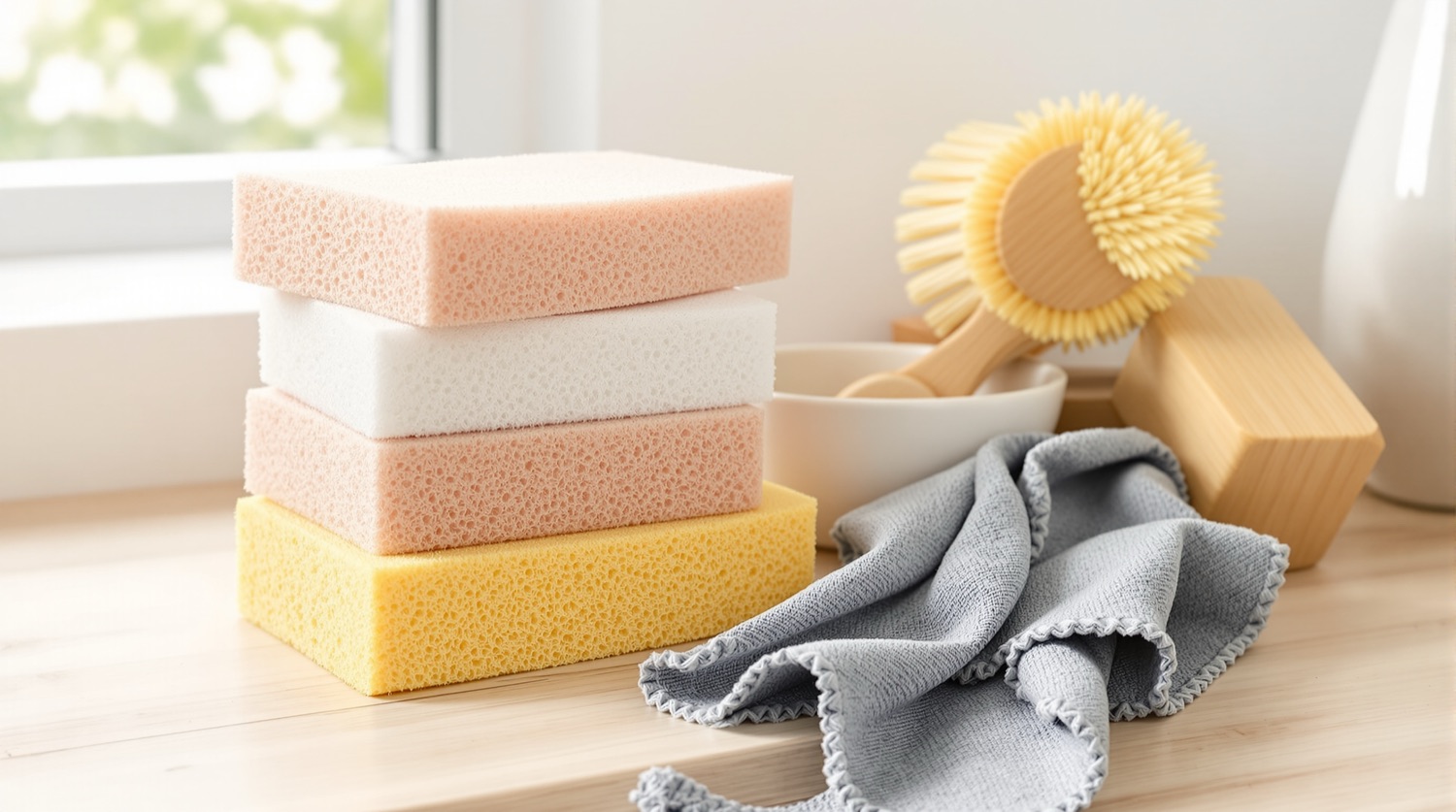 A stack of natural cellulose sponge cloths and a plant-fiber scrub brush arranged on a clean wooden kitchen counter in bright morning light