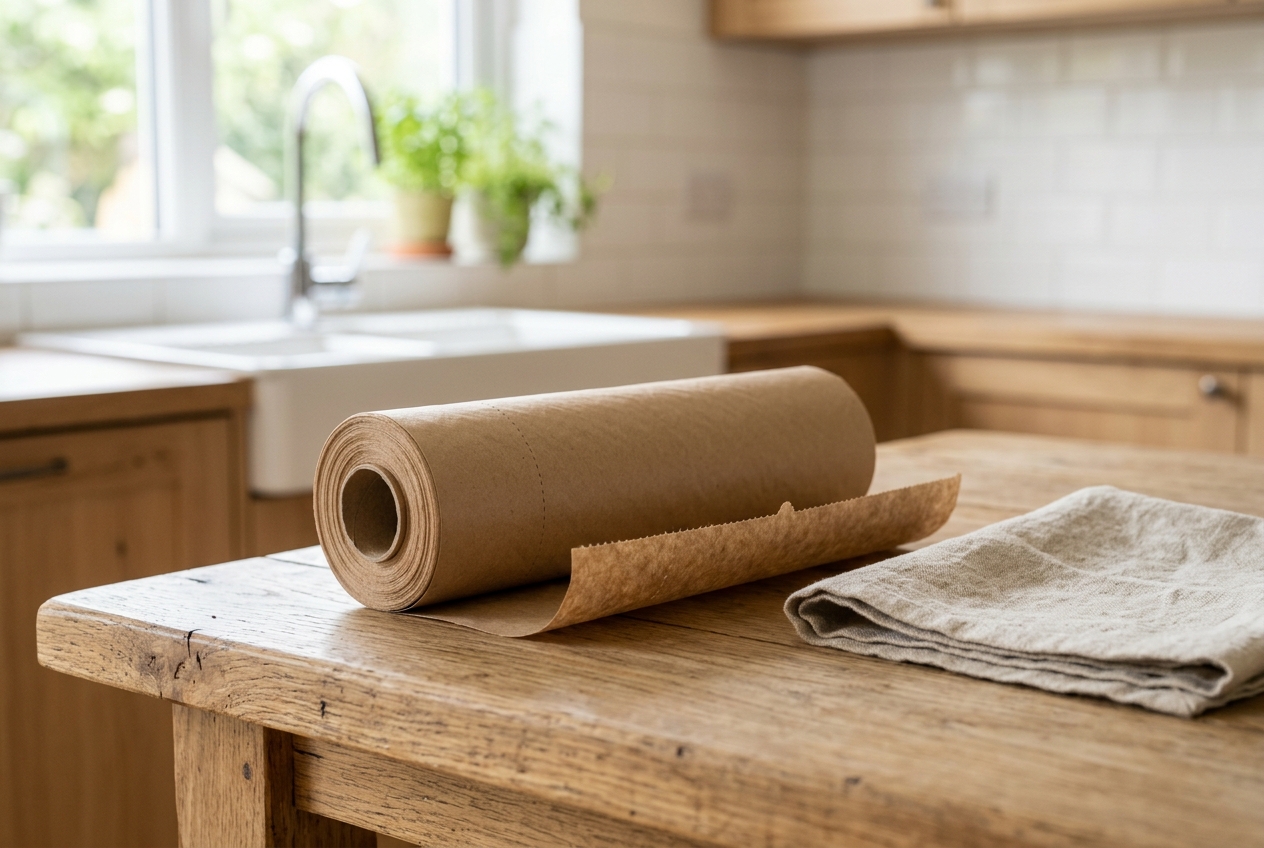 Non-toxic organic cotton and linen shower curtains in a clean, bright bathroom