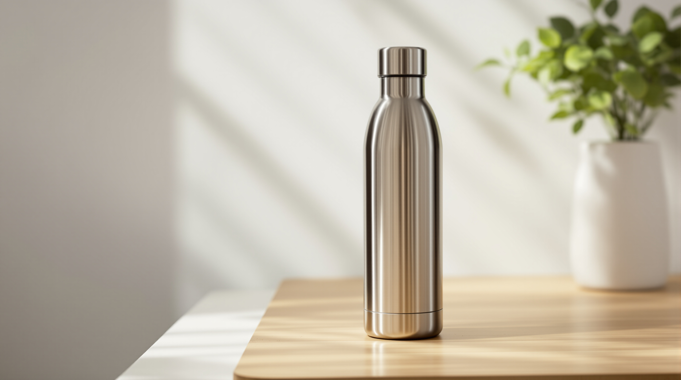 Stainless steel and glass water bottles arranged on a wooden table with natural lighting
