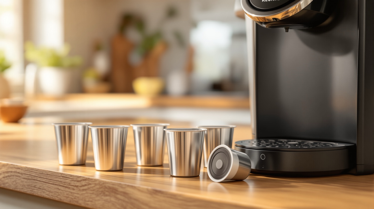 Reusable stainless-steel K-cup coffee pods and a Keurig brewer on a bright kitchen counter