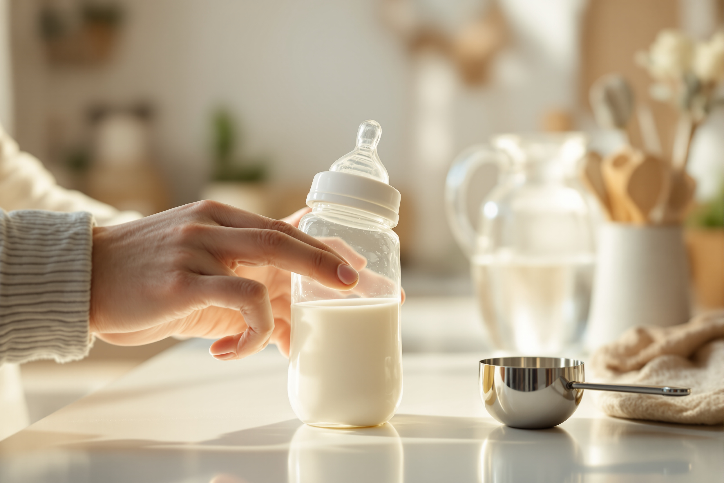 A parent's hand holding a clean glass baby bottle beside a small metal formula scoop and a pitcher of filtered water on a soft kitchen counter