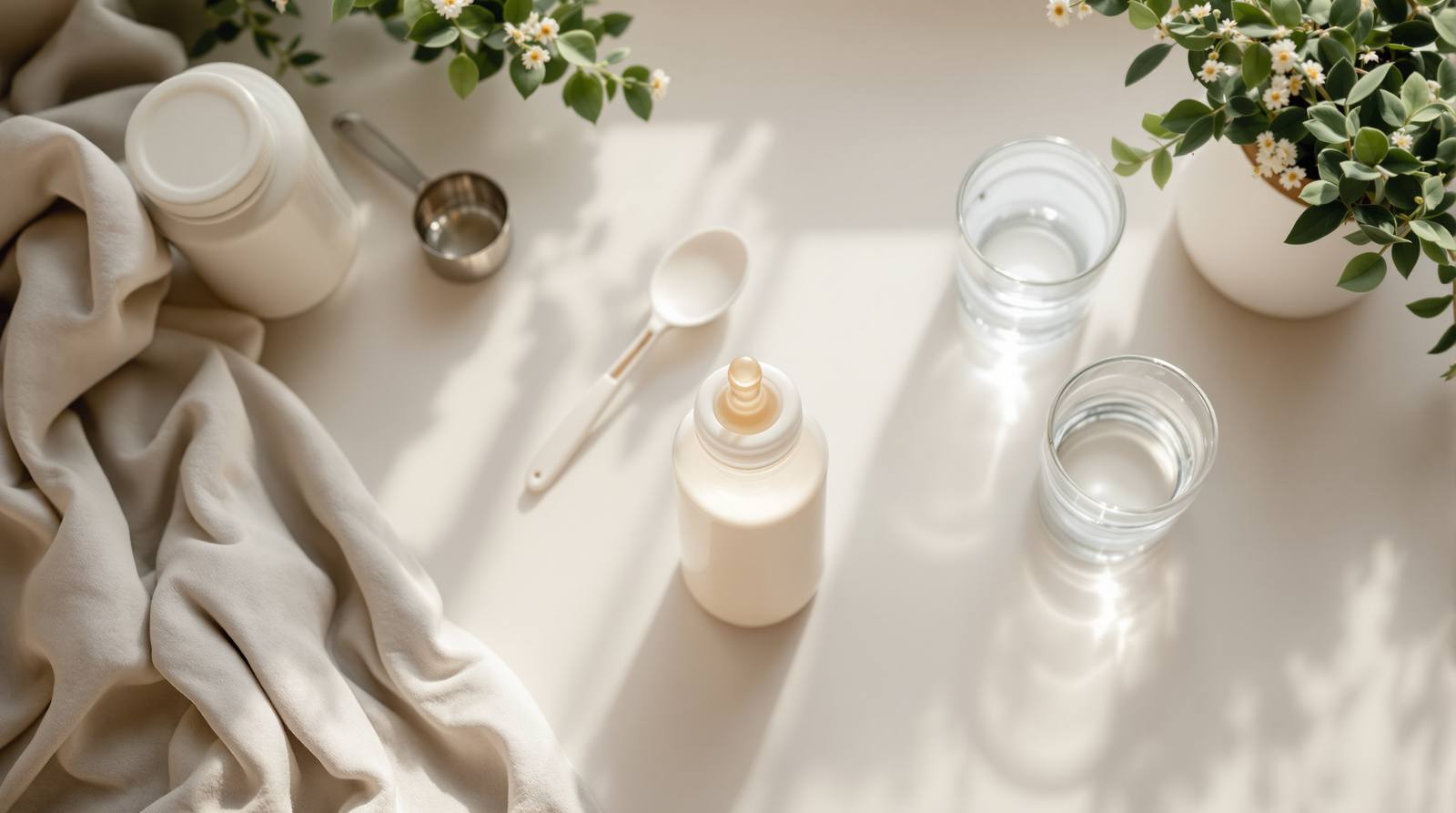 Best water filter for baby formula 2026 — a warm bottle of prepared infant formula on a soft neutral kitchen counter beside a glass of filtered water