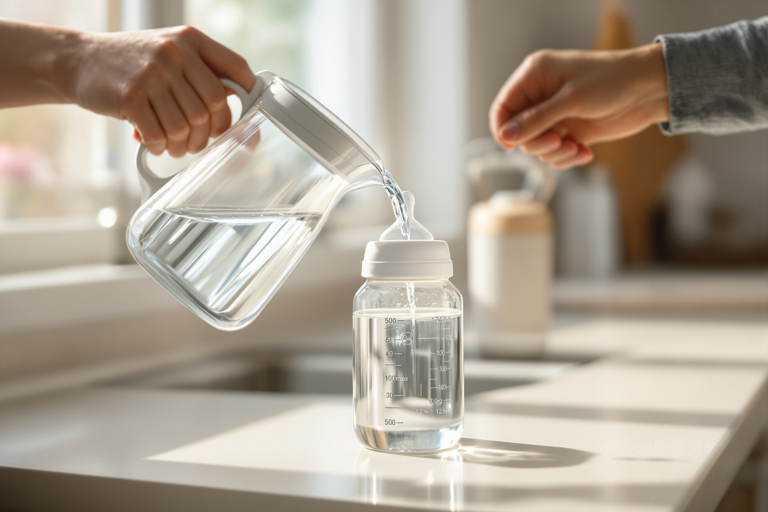 A parent pouring filtered water from a glass carafe into a clean baby bottle at a bright kitchen counter, with a can of infant formula in soft focus behind