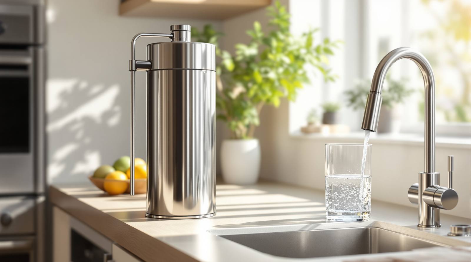 Best water filter for chlorine 2026 — a stainless steel countertop water filter beside a kitchen faucet pouring a clear glass of water in bright natural light