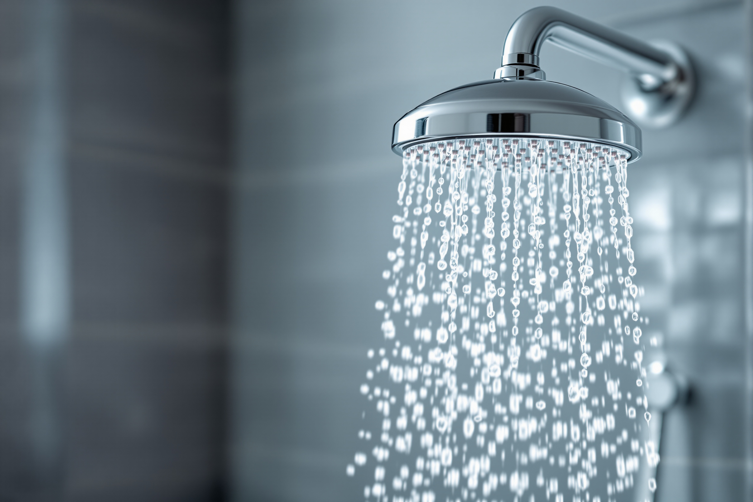 Warm water streaming from a polished chrome showerhead in a bright modern bathroom