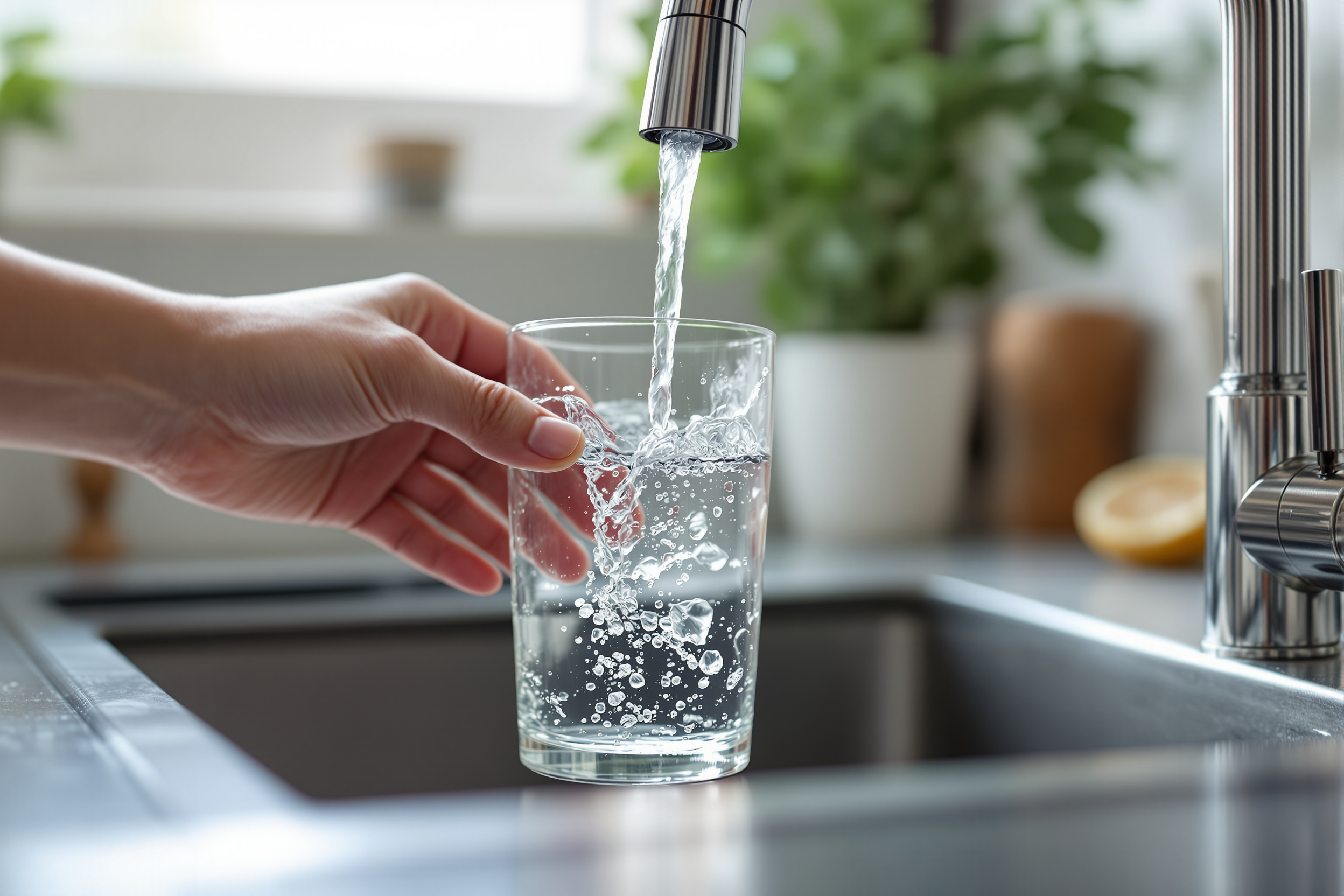 A clear drinking glass being filled with water at a stainless steel kitchen faucet in bright natural light