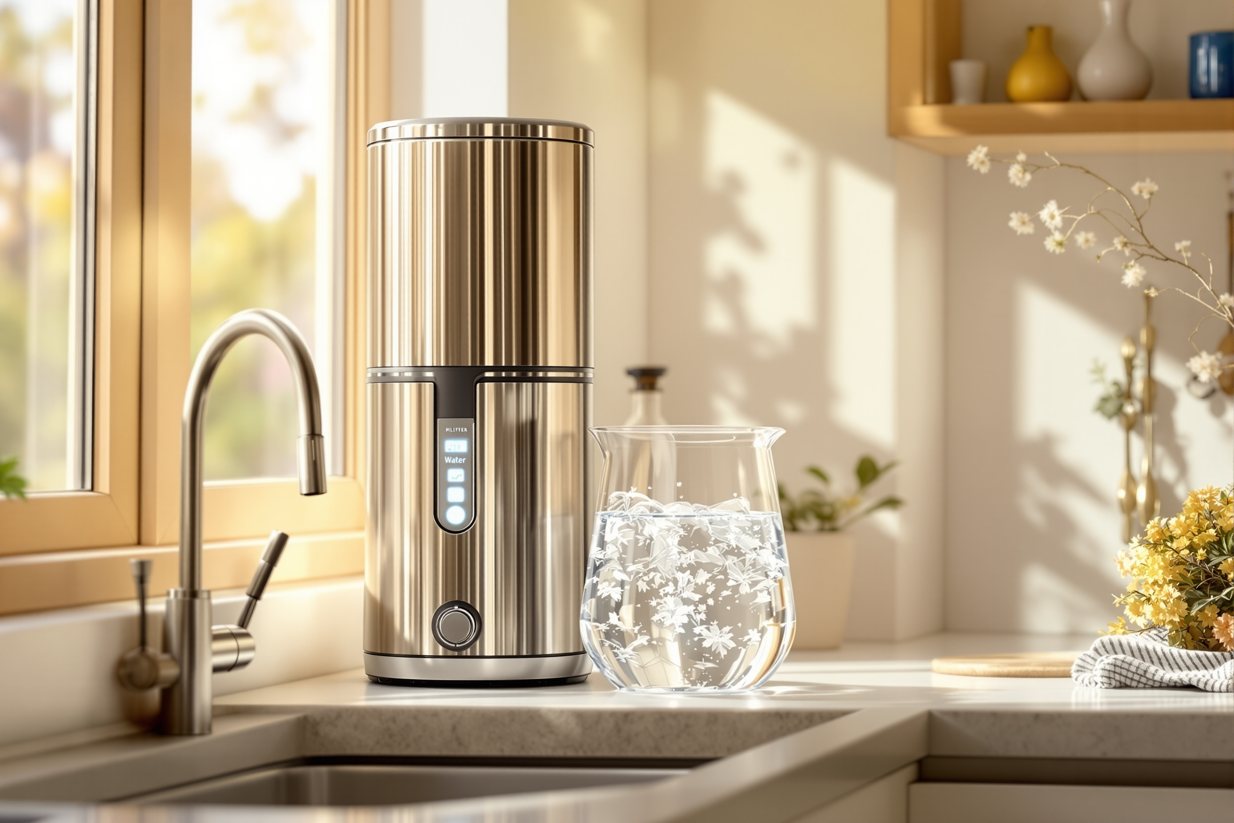 A stainless steel countertop water distiller with a glass carafe of pure water on a sunny kitchen counter