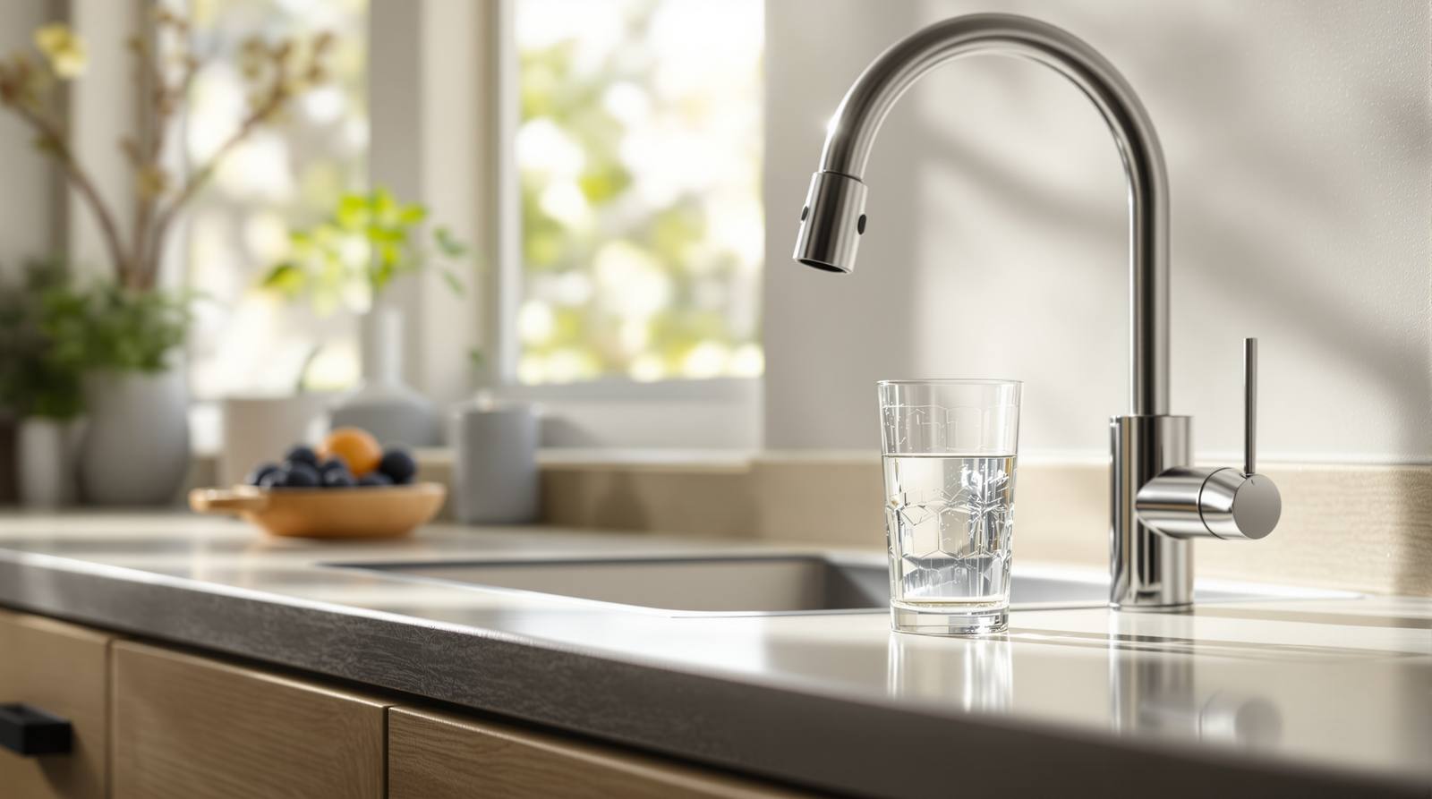 Best water filter for fluoride 2026 — a glass of filtered water on a sunlit kitchen counter beside a stainless faucet