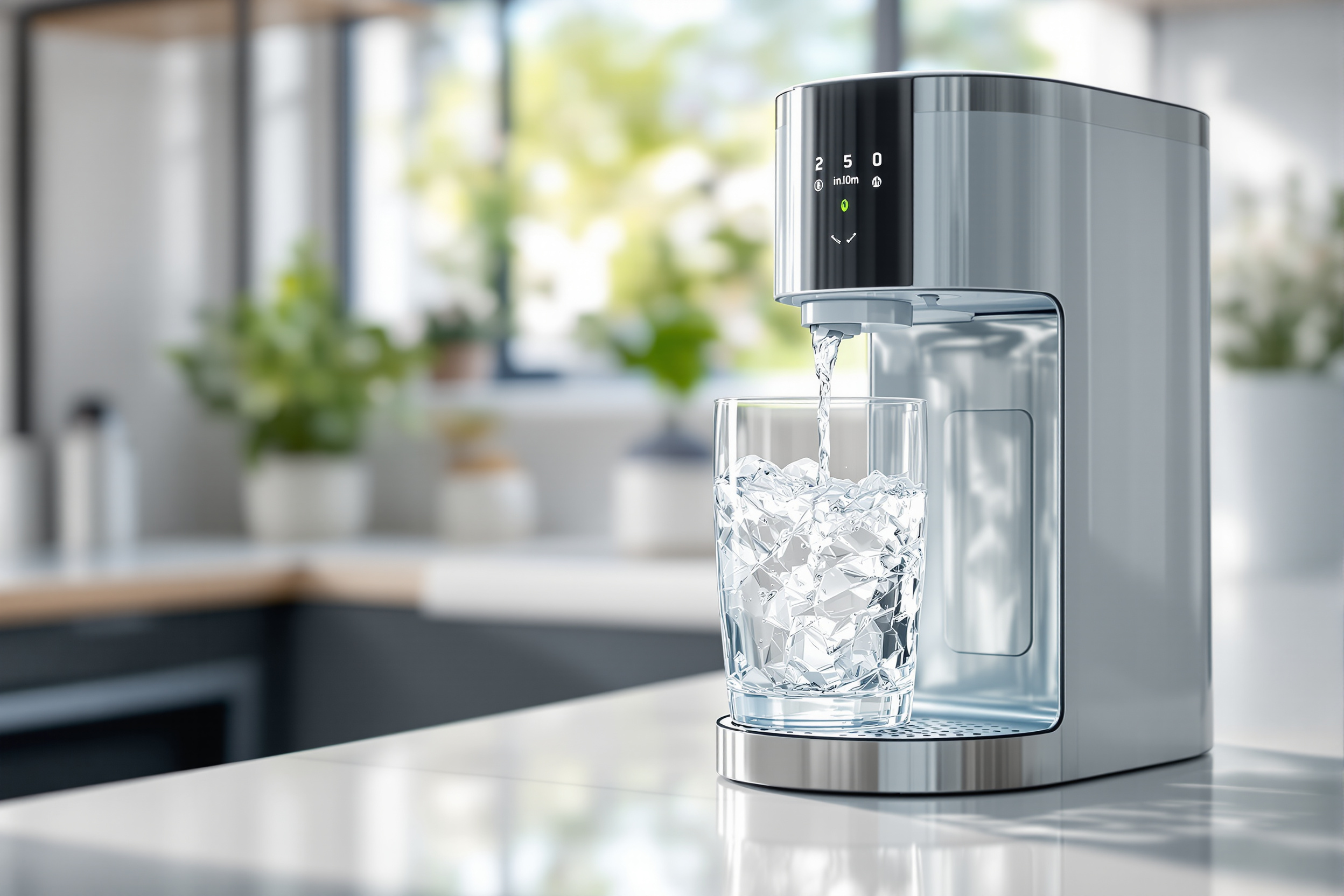 A glass of filtered water being poured from a countertop reverse-osmosis purifier on a bright kitchen counter