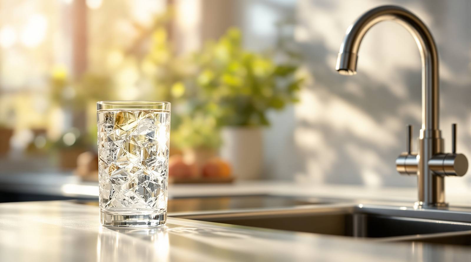 Best water filter for lead 2026 — a glass of clear filtered water on a bright kitchen counter beside a stainless faucet