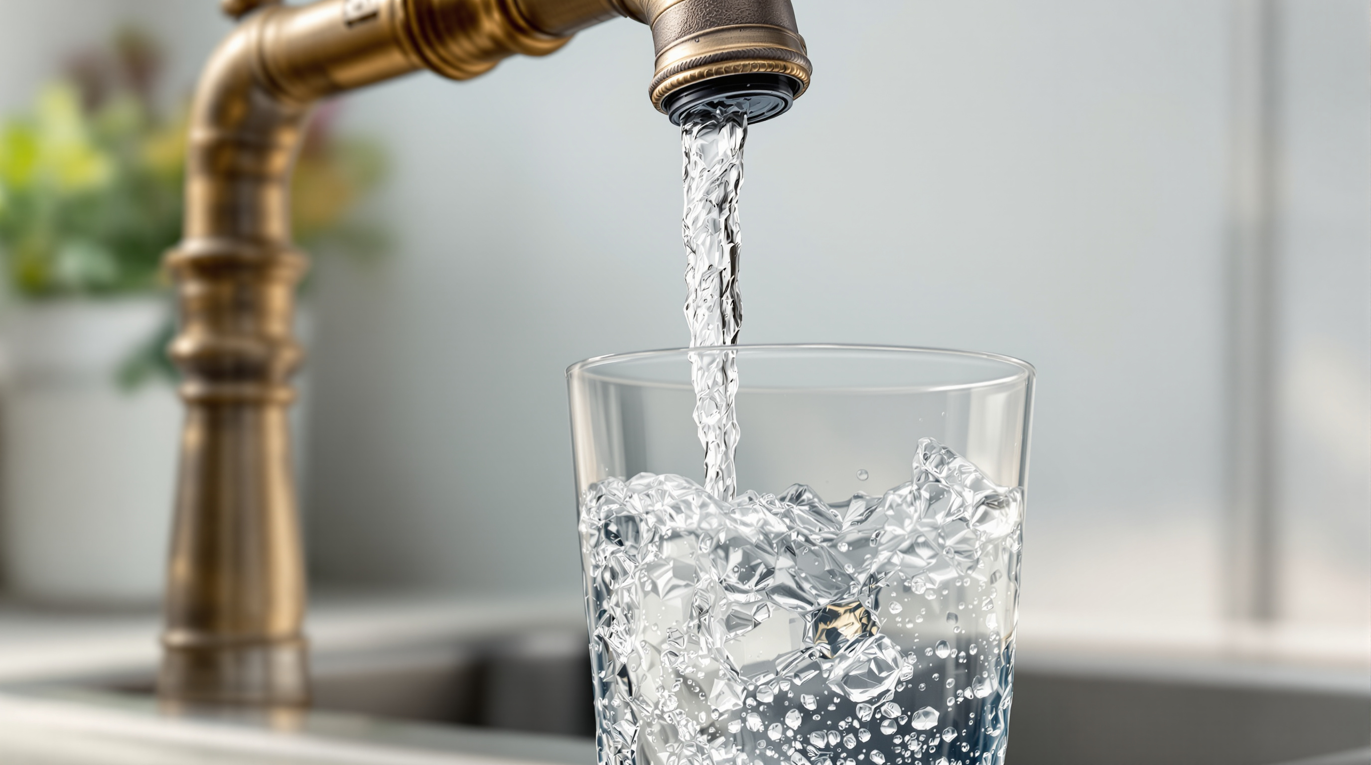 Cold tap water pouring from an older brass kitchen faucet into a clear drinking glass — the two conditions that pull the most lead into drinking water