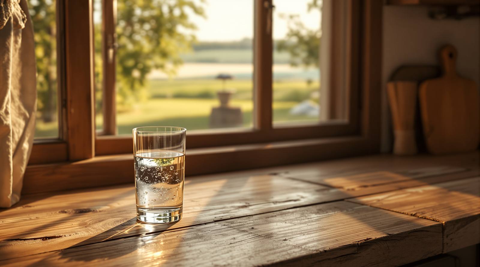 Best water filter for well water 2026 — a clear glass of water on a rustic farmhouse counter beside a window looking out onto a rural yard with a well cap