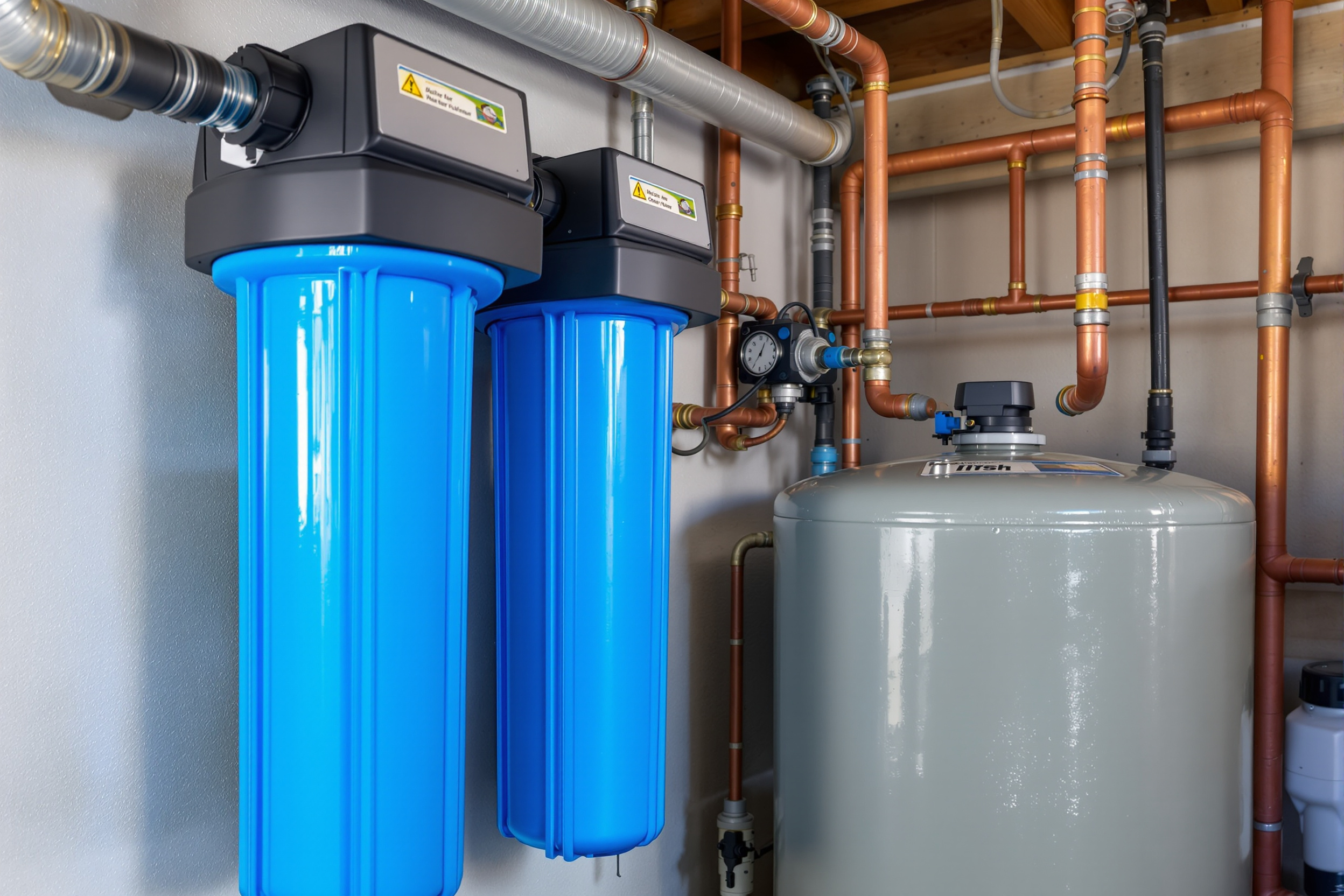 A whole-house well water filtration setup in a home utility area — large blue cartridge housings and a pressure tank connected by copper piping