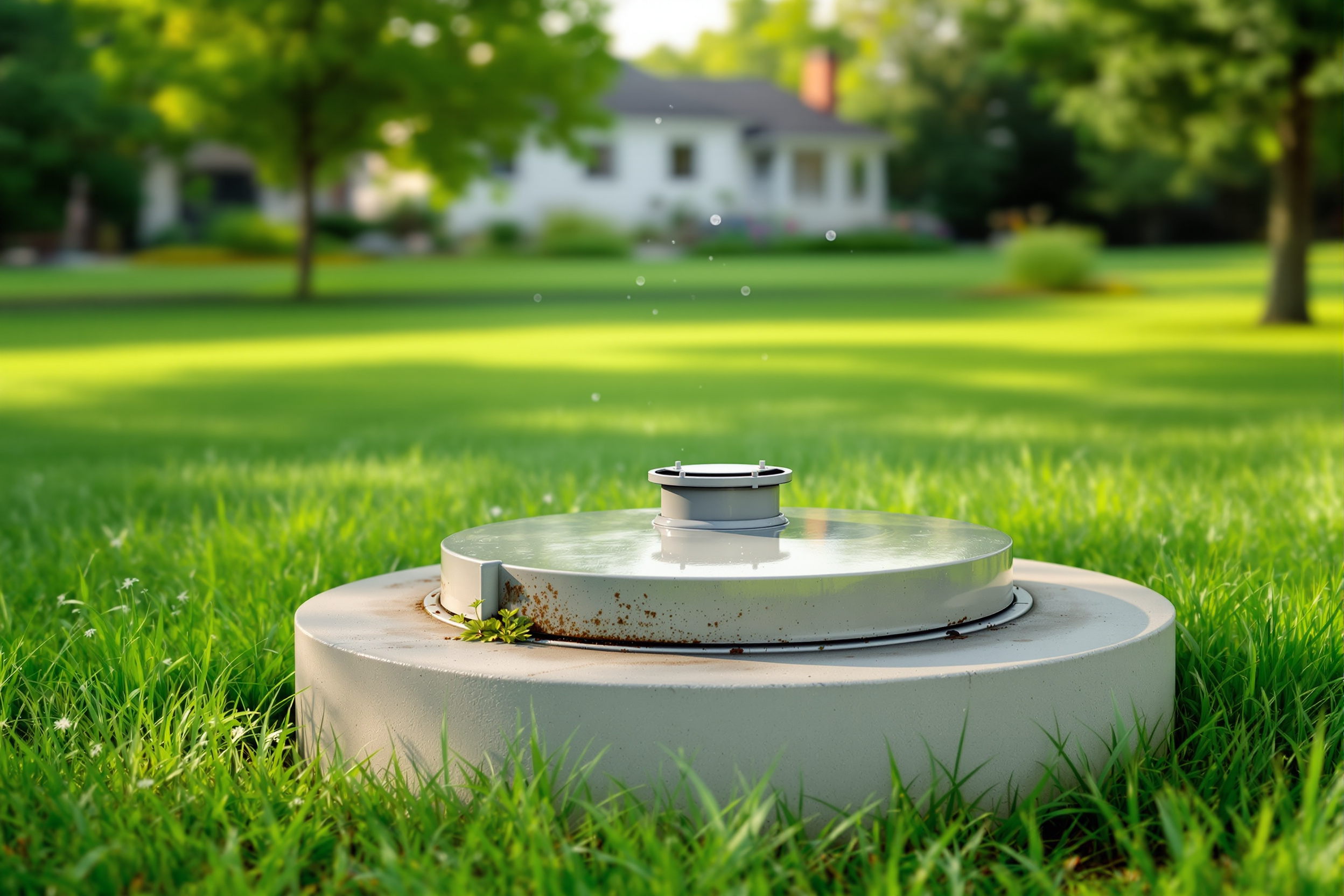 A private residential water well cap in a green backyard with a country house softly out of focus behind it