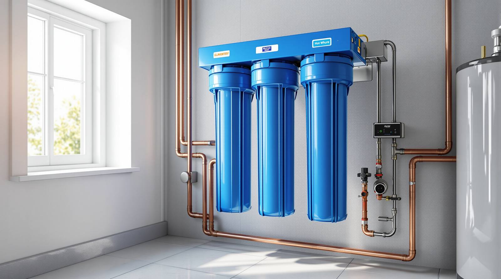 Whole house water filter system with three vertical blue filter housings mounted on stainless steel bracket in a home utility room next to a hot water heater with copper plumbing