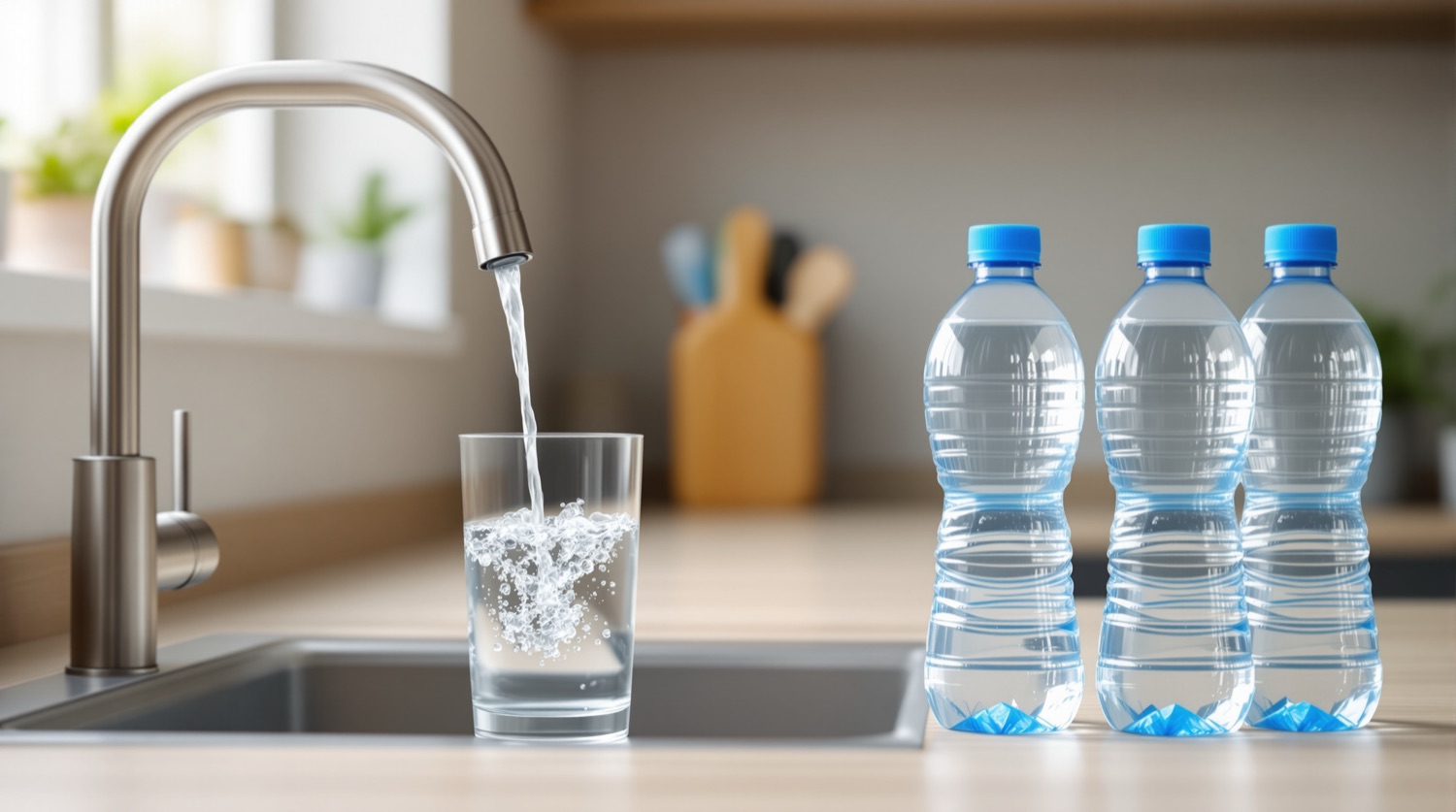 A clear glass being filled with tap water from a stainless steel kitchen faucet beside three single-use plastic water bottles with blue caps on a light wooden counter
