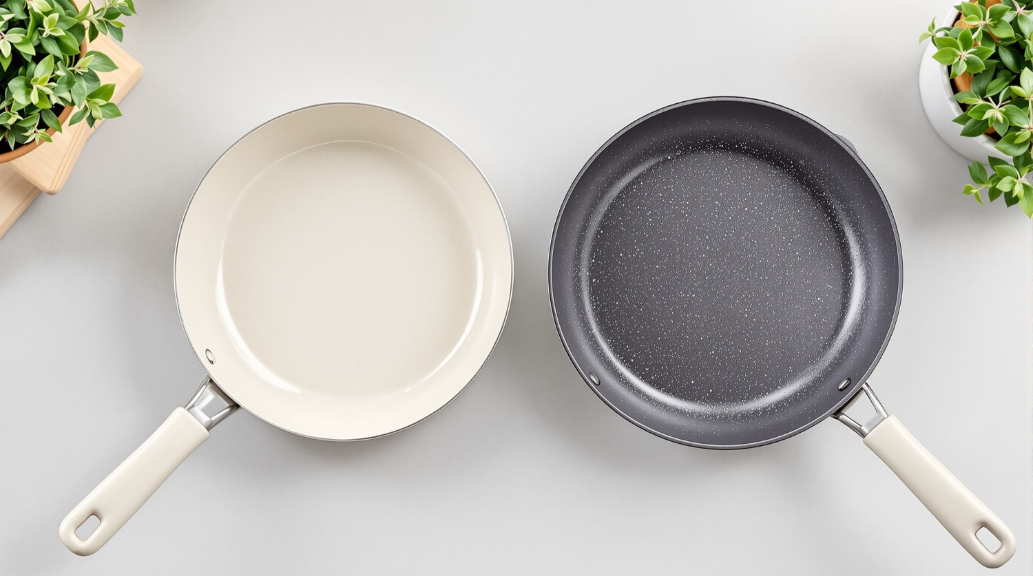 A cream ceramic-coated frying pan and a dark PTFE nonstick frying pan side by side on a kitchen counter
