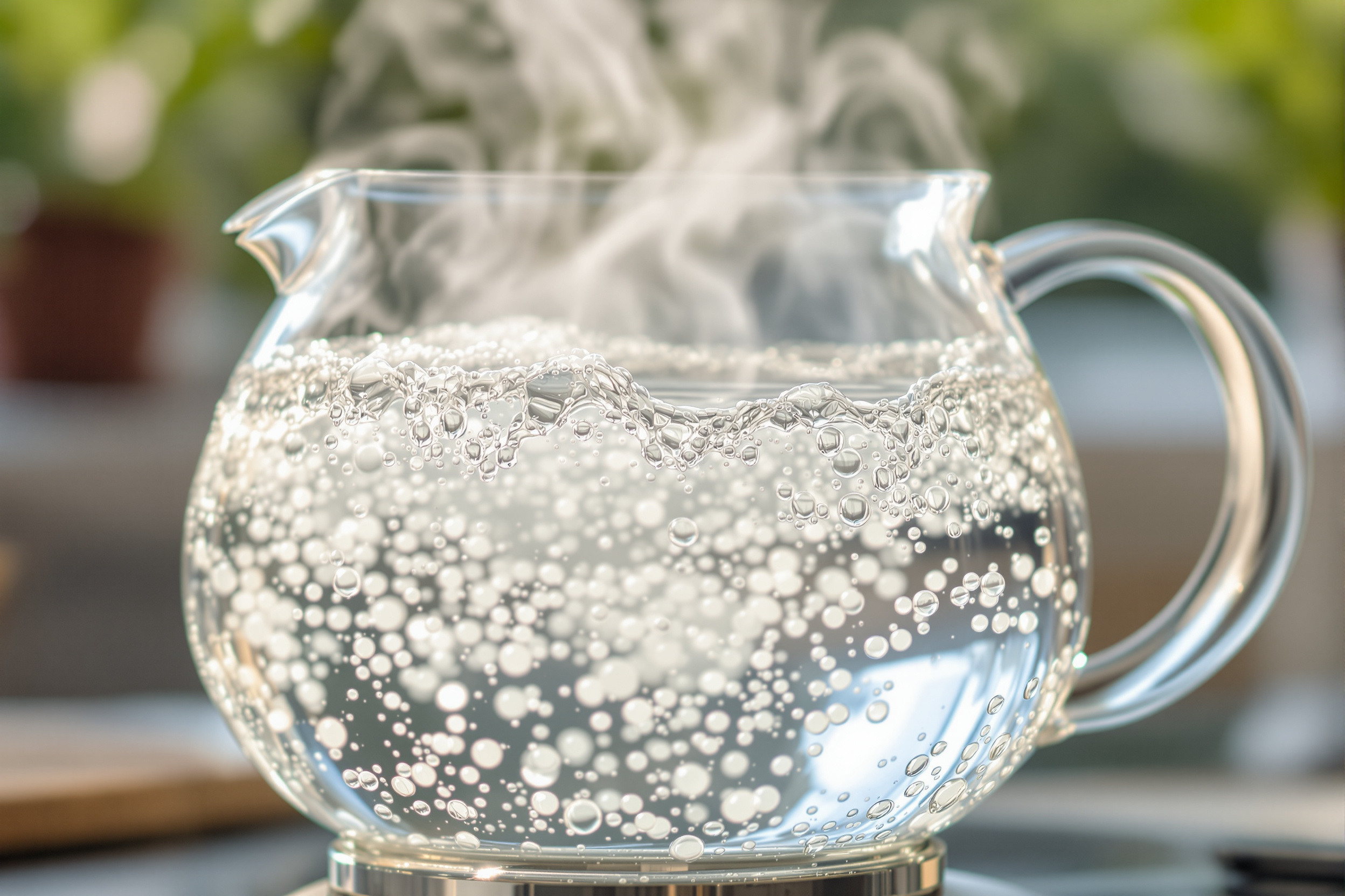 Close-up of water boiling vigorously inside a clear glass kettle with steam and bubbles rising in a bright kitchen