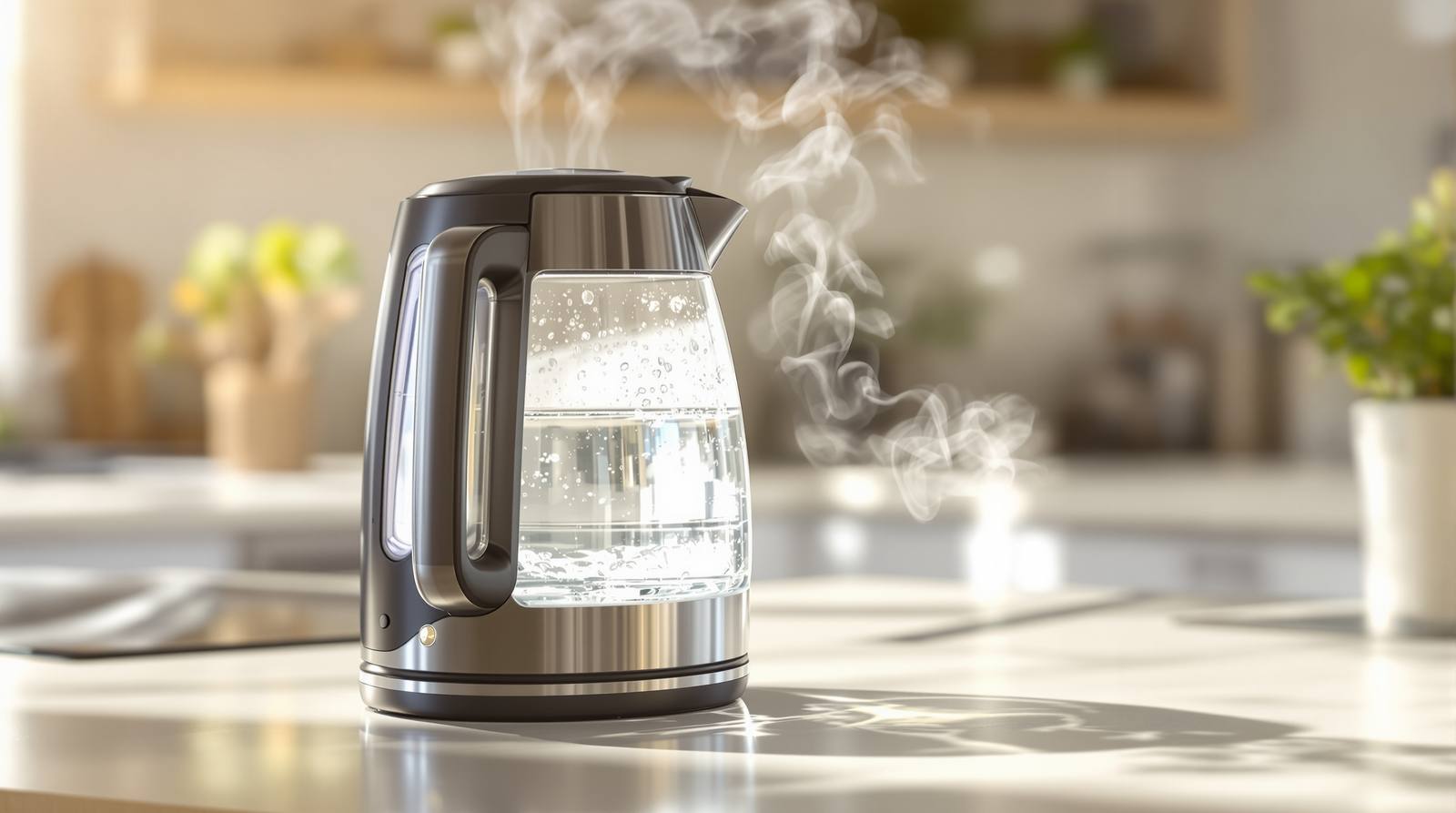 A glass electric kettle with steam rising from the spout and boiling water inside on a sunlit kitchen counter