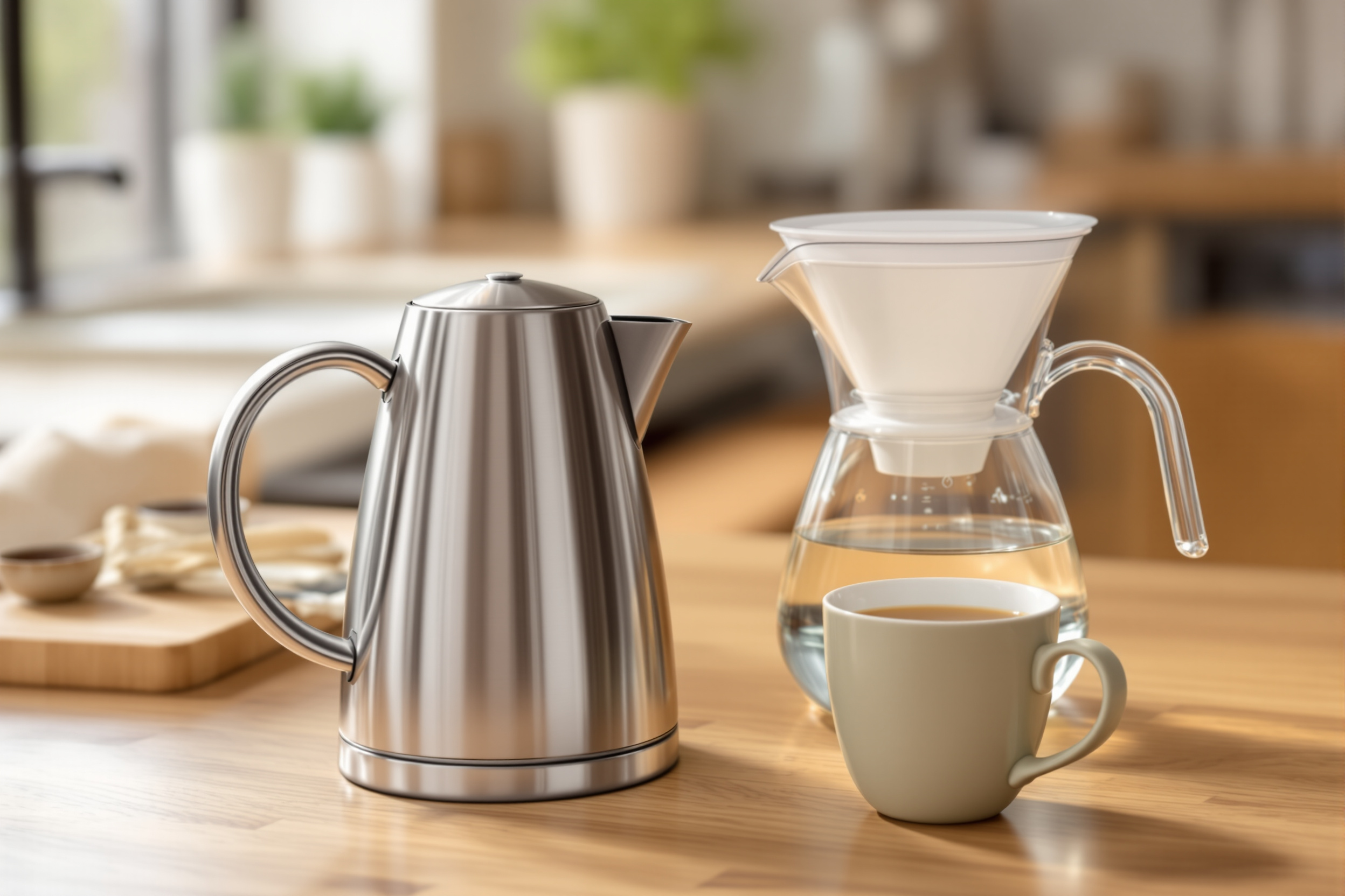 A brushed stainless steel electric kettle beside a glass carafe and a mug of tea on a wooden kitchen counter