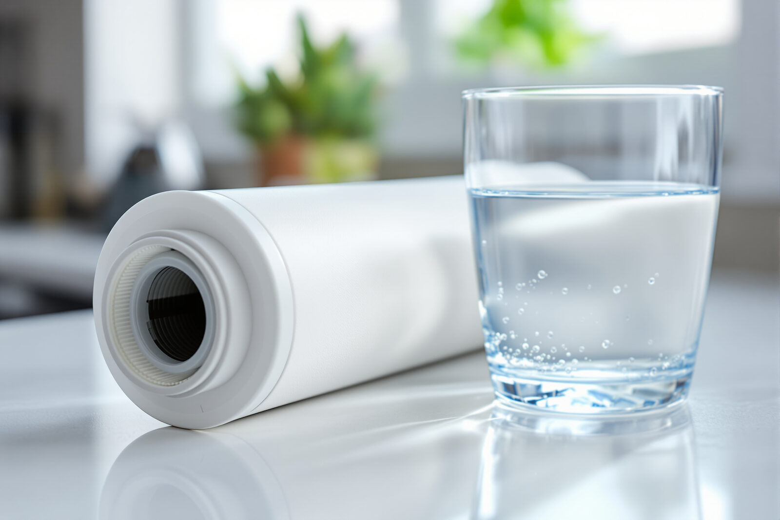A white cylindrical refrigerator water filter cartridge lying on a bright kitchen counter next to a clear glass of filtered water