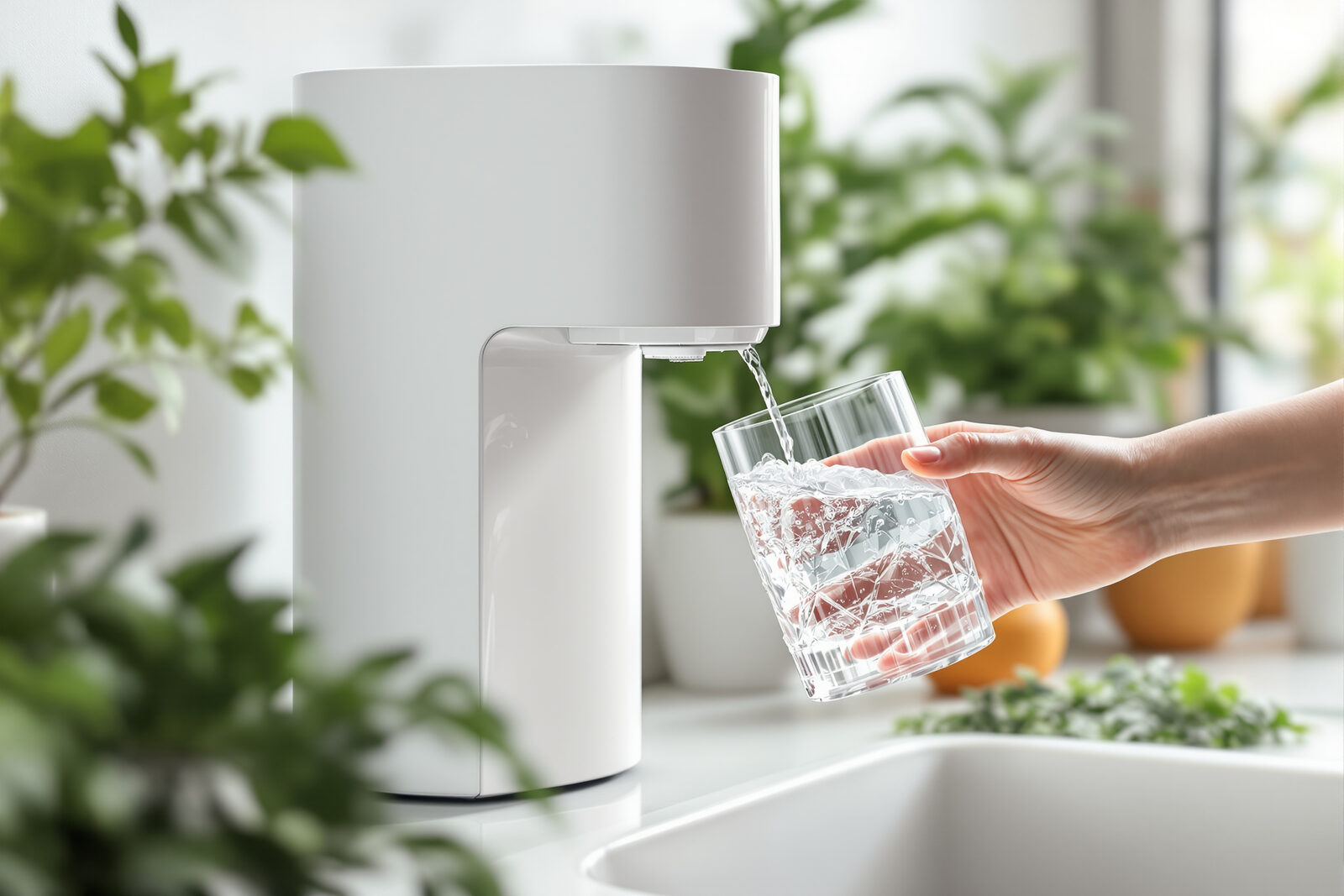 Clear filtered water being poured into a drinking glass from a plain white countertop water filter on a bright kitchen counter with green plants