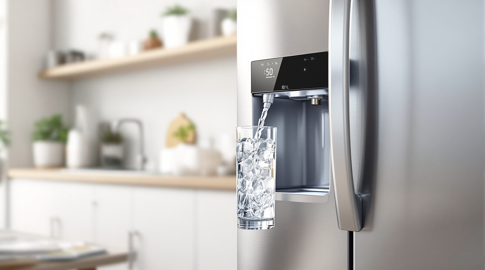 A stainless steel refrigerator water and ice dispenser filling a tall clear glass with ice water in a bright modern kitchen