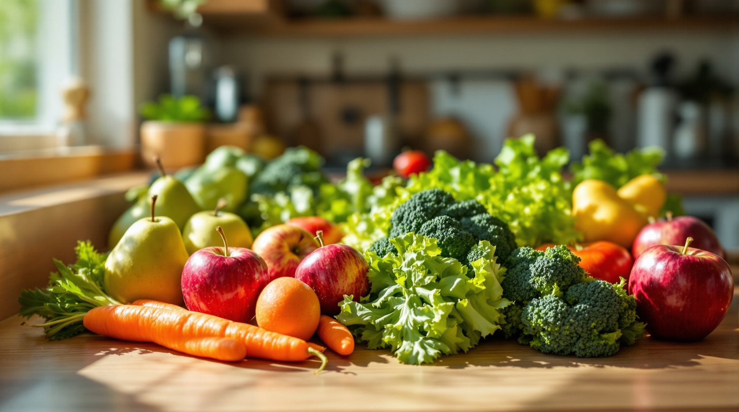 An assortment of fresh apples, pears, carrots, lettuce, and broccoli arranged on a sunlit wooden kitchen counter