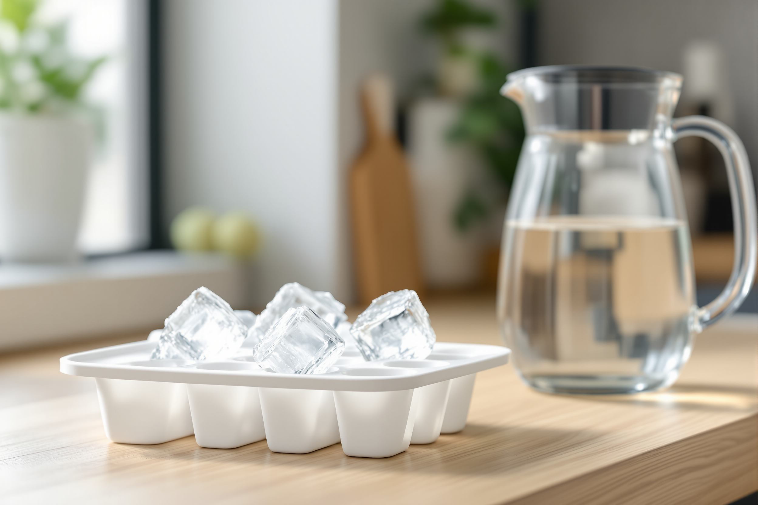 Clear homemade ice cubes in a white silicone ice cube tray beside a glass water filter pitcher on a light wooden kitchen counter in bright daylight