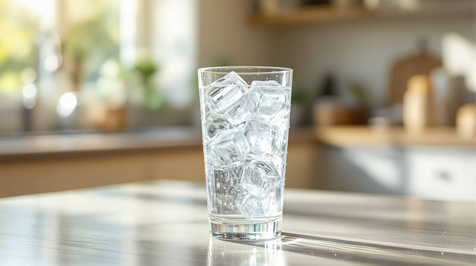 A tall clear glass of iced water with clear ice cubes on a sunlit kitchen counter, condensation beading on the glass