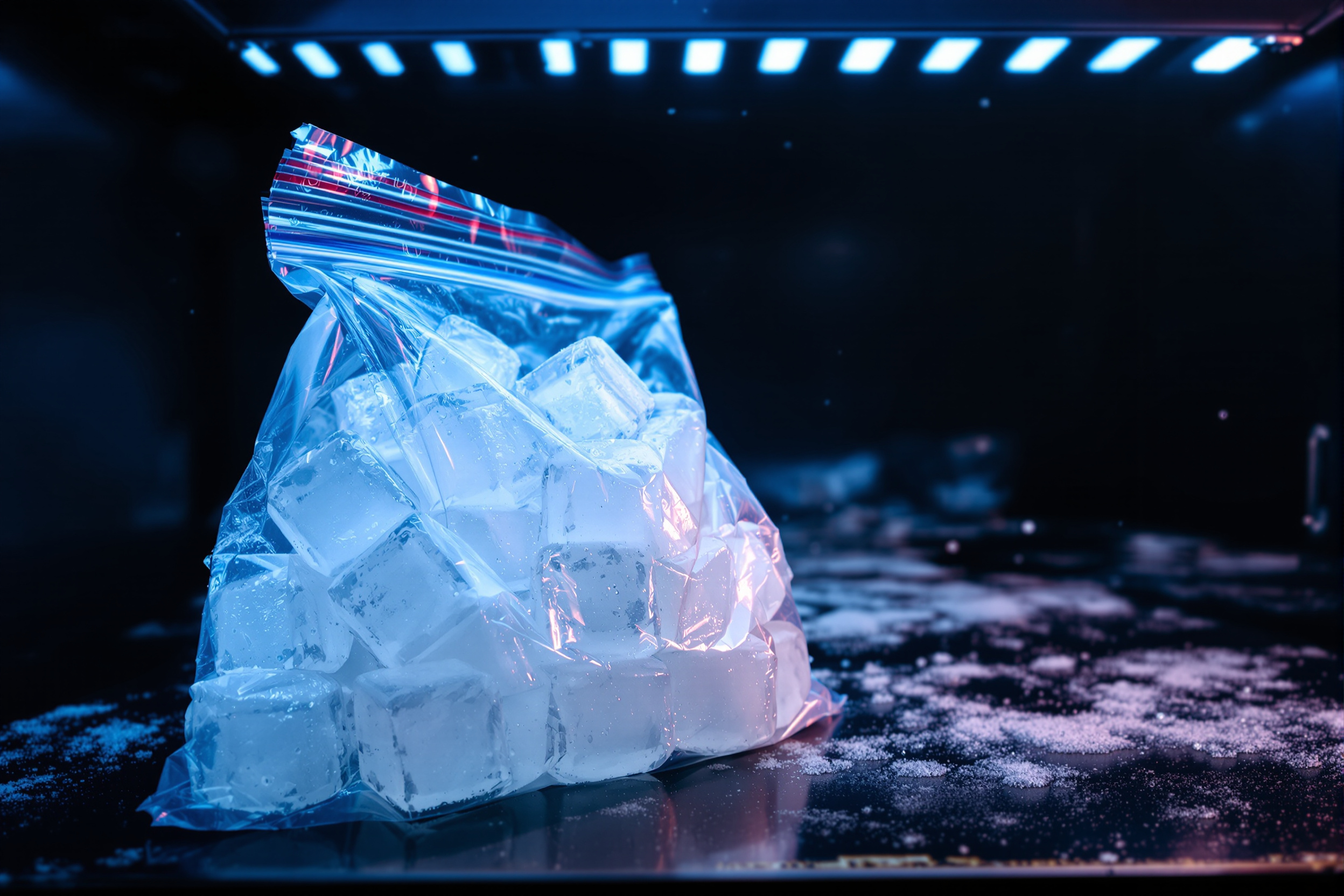 A clear plastic bag full of ready-made ice cubes resting in an open supermarket freezer chest under cold blue light, frost on the bag