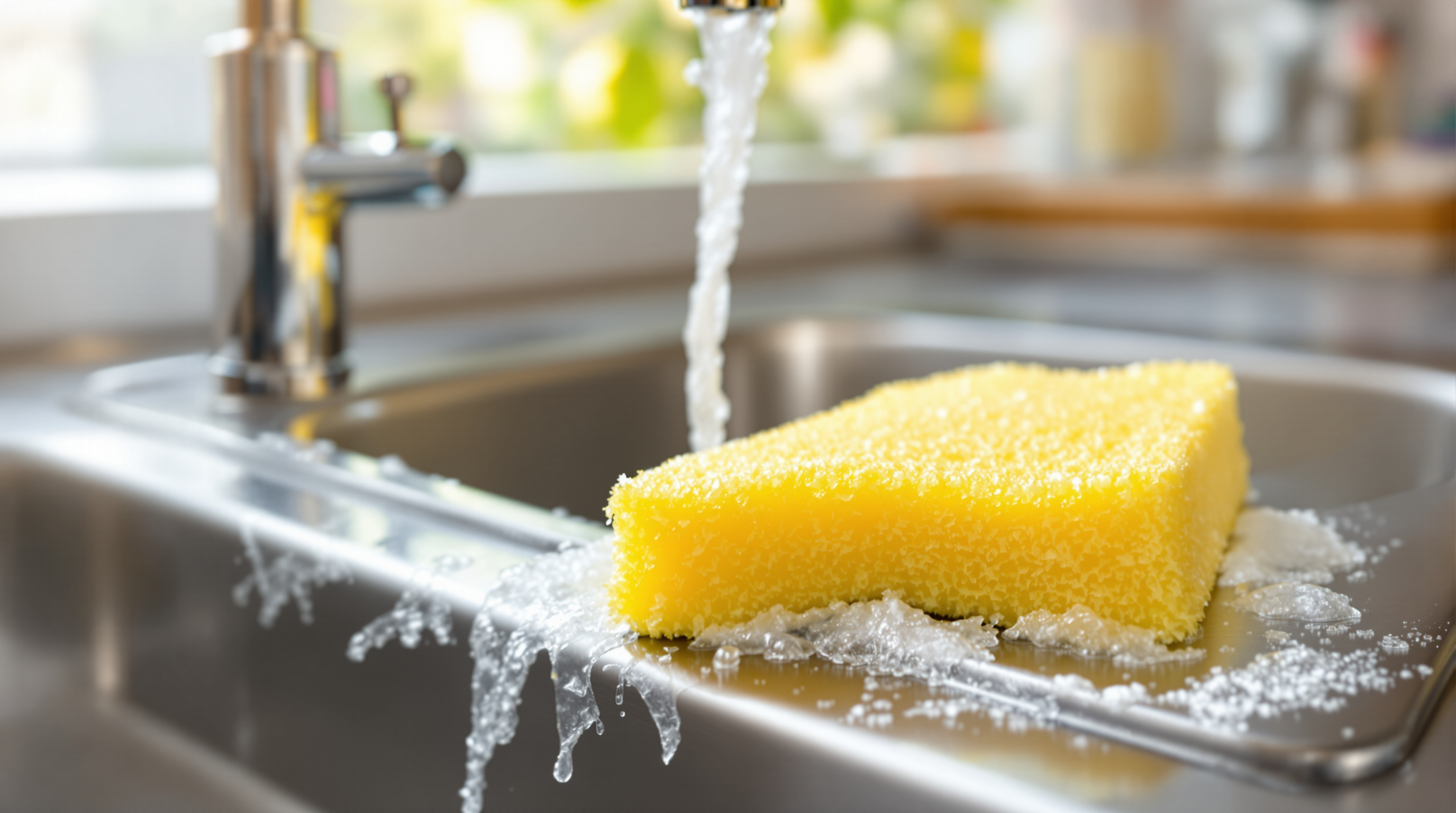 A worn yellow kitchen sponge on the edge of a stainless steel sink with running water and soap suds in bright natural light