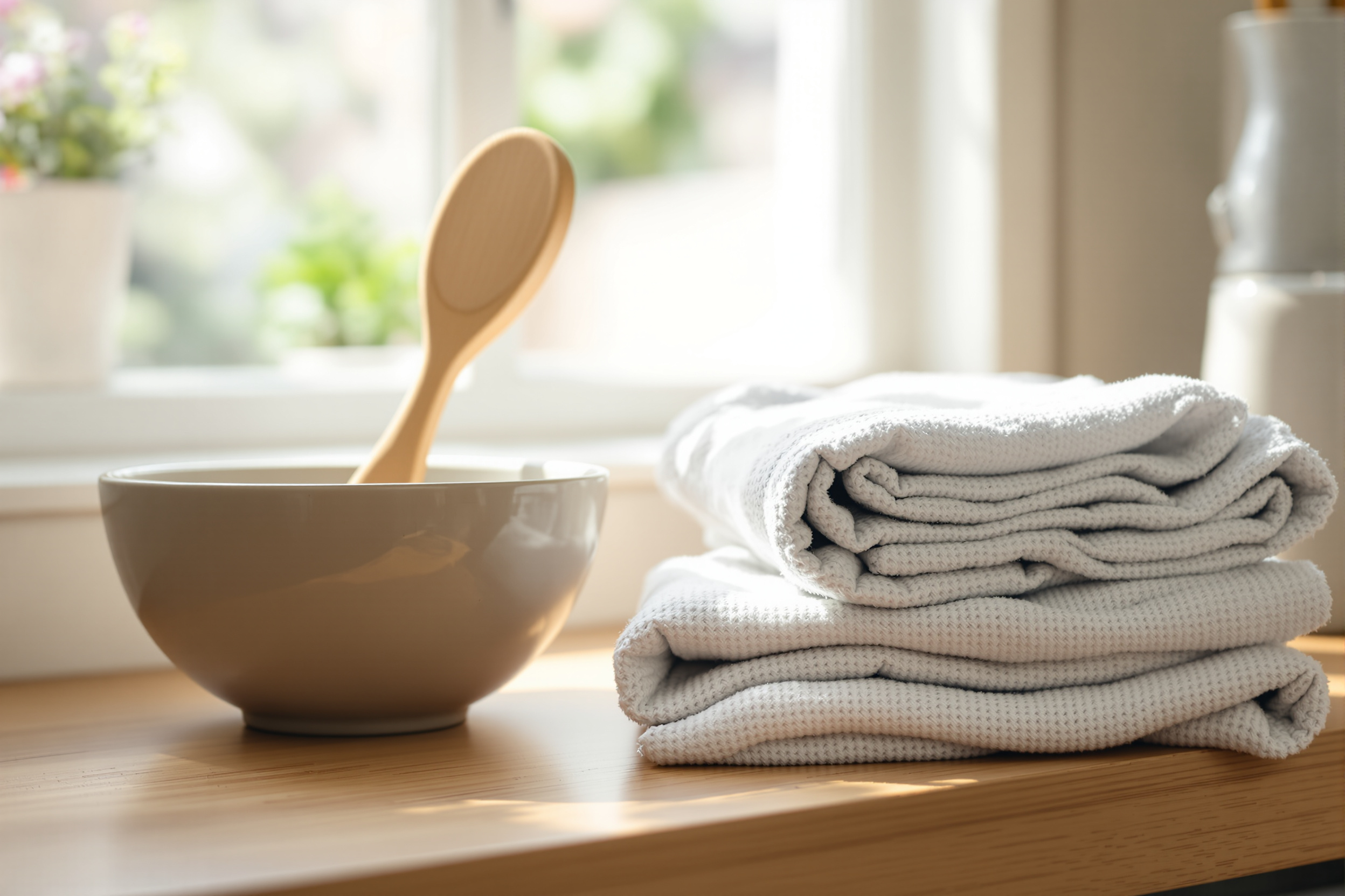 Folded reusable cotton dishcloths beside a ceramic bowl and a wooden spoon on a sunlit kitchen counter — plastic-free cleaning swaps