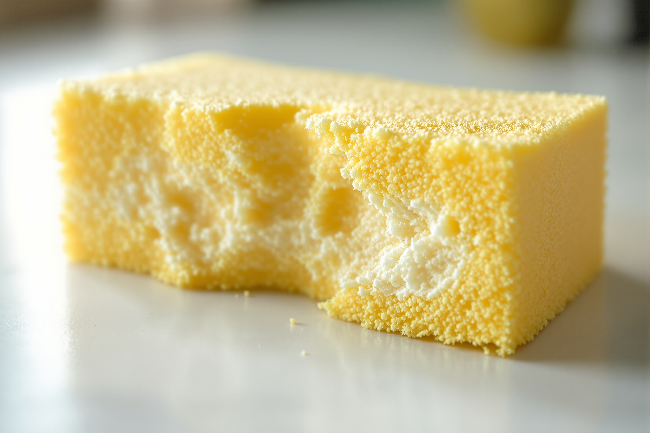 Extreme close-up of a worn, torn foam cleaning sponge showing the crumbling open-cell texture that fractures into microplastic fibers