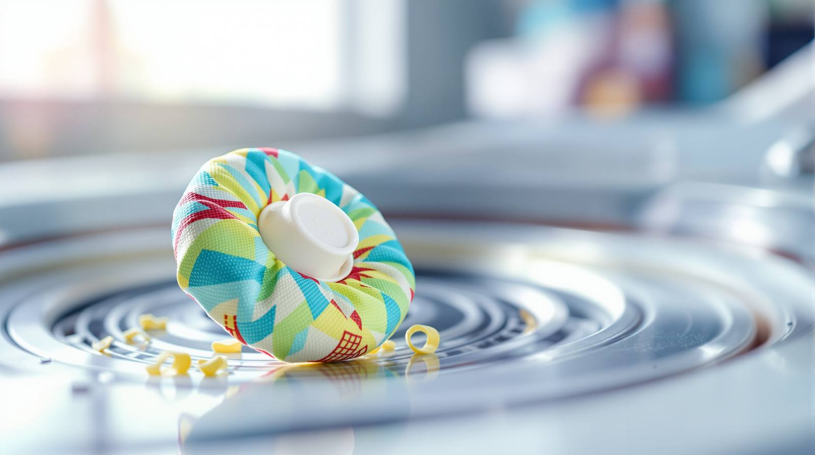 A single laundry detergent pod resting on the drum of a stainless-steel washing machine in soft window light