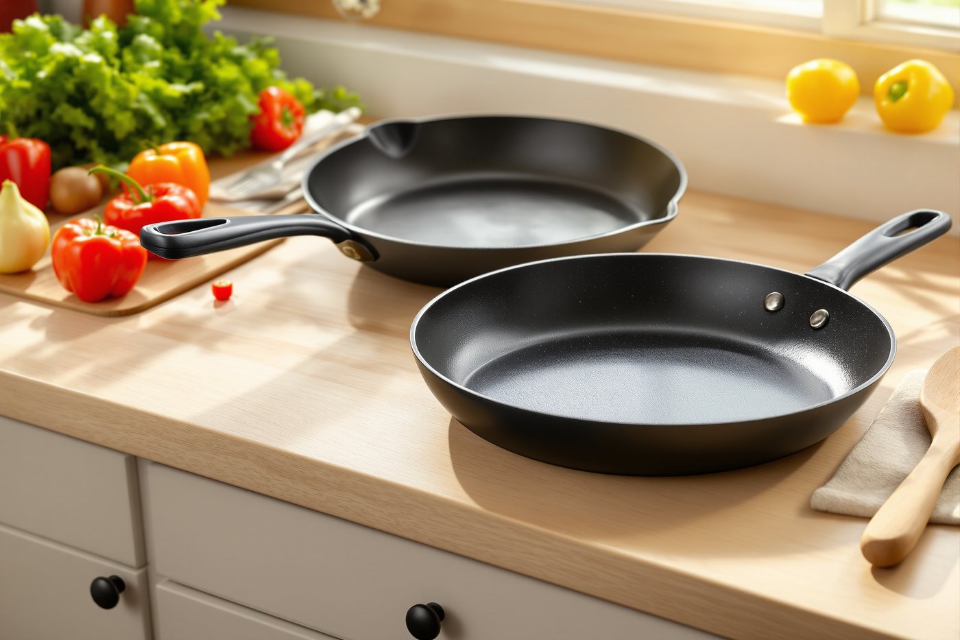 A seasoned black cast iron skillet and a carbon steel frying pan on a light wooden kitchen counter beside fresh vegetables and a wooden spatula